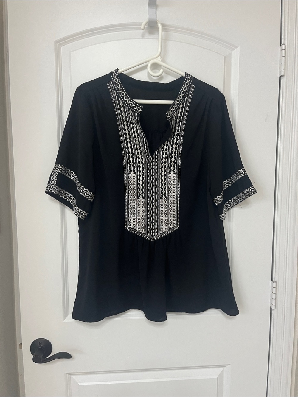 Black Embroidered Split-Neck Tunic Top